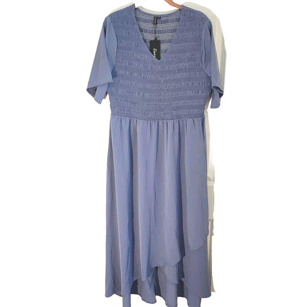 Zattcas Women Maxi Dress Short Sleeve V-Neck High Low Smocked Blue-Grey Size XL